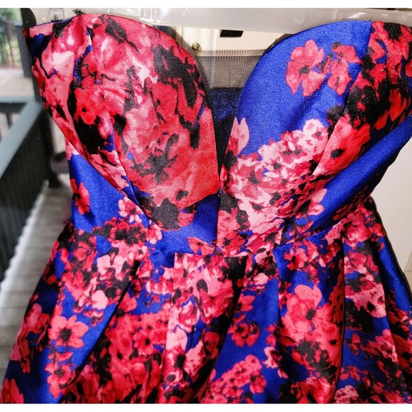 B. Darlin Strapless Sweetheart Bustier Party Dress Blue Red floral black lace XS - Picture 2 of 16